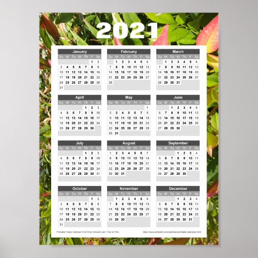 2021 Muurkalender. Groene Bladeren Poster (Voorkant)