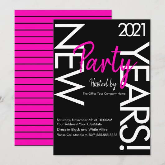 2021 Neon New Years Party Pink White Typografie Kaart (Voorkant / Achterkant)