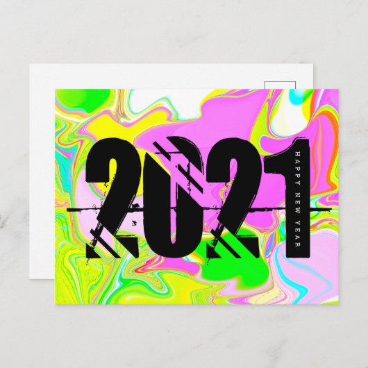 2021 Nieuwe jaren Trippy Neon Liquid Bold Font Briefkaart (Voorkant / Achterkant)