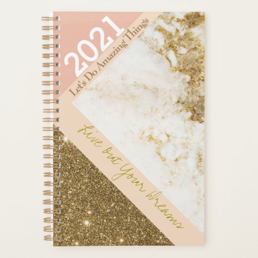 2021 Roos Goud Roze Faux Marmer Trendy Planner (Voorkant)