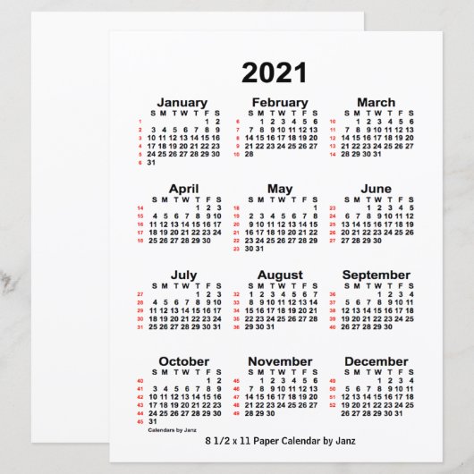 2021 White 52 Week Agenda by Janz 8,5x11 Paper (Voorkant / Achterkant)