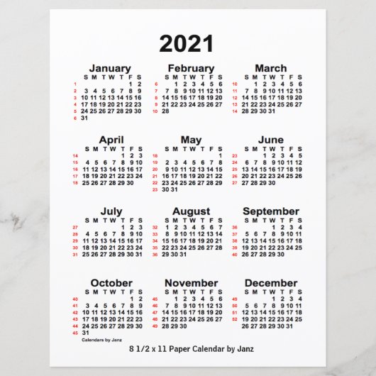 2021 White 52 Week Agenda by Janz 8,5x11 Paper (Voorkant)