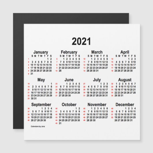 2021 Witte 52 Weken Kalender door Janz 5x5 Magneet (Voorkant / Achterkant)