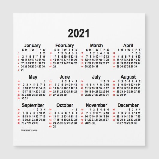 2021 Witte 52 Weken Kalender door Janz 5x5 Magneet (Voorkant)