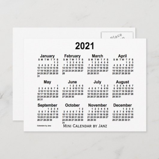 2021 Witte Minikalender van Janz Briefkaart (Voorkant / Achterkant)