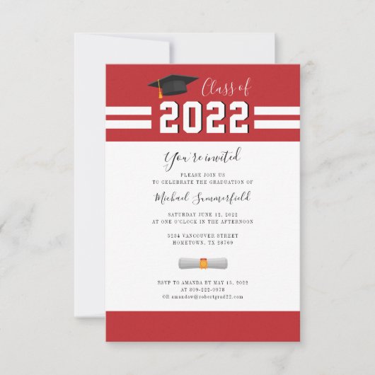 2022 Afstudeer Rood Wit Modern Eenvoudig Afstudere Kaart (Voorkant)
