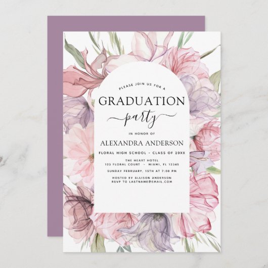 2022 Afstuderen Boho Dusty Pink Paarse Uitnodiging (Voorkant / Achterkant)