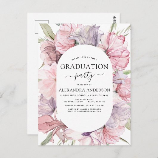 2022 Afstuderen Boho Dusty Pink Paarse Uitnodiging (Voorkant / Achterkant)