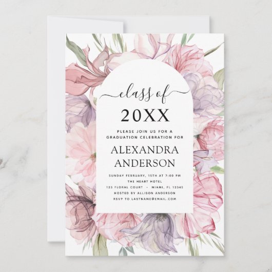 2022 Afstuderen Boho Dusty Pink Paarse Uitnodiging (Voorkant)