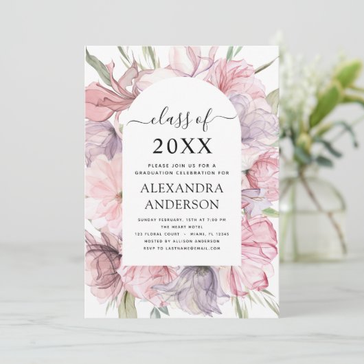 2022 Afstuderen Boho Dusty Pink Paarse Uitnodiging (Staand voorkant)