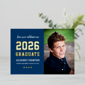2022 Afstuderen de 'Navy Gold Graduation Party' fo Folie Uitnodiging (Staand Voorkant)