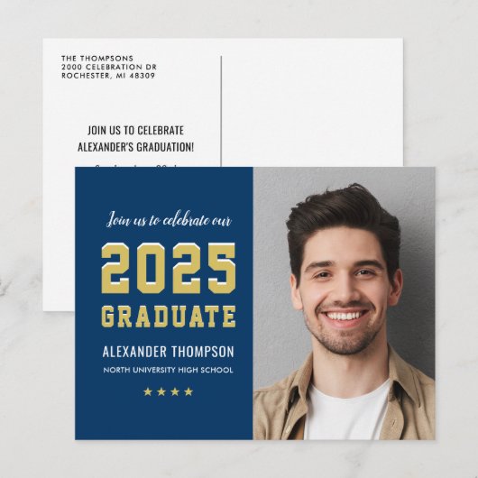 2022 Afstuderen de 'Navy Gold Graduation Party' fo Uitnodiging Briefkaart (Voorkant / Achterkant)