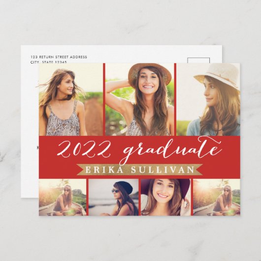 2022 Afstuderen Manuscript Multi Foto Collage Red Feestdagenkaart (Voorkant / Achterkant)