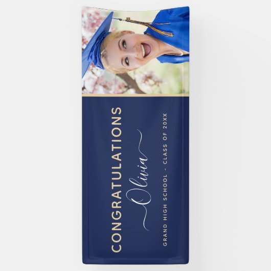 2022 Afstuderen Navy Blue Gold High School College Spandoek (Verticaal)