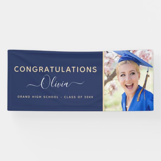 2022 Afstuderen Navy Blue Gold High School College Spandoek (Horizontaal)