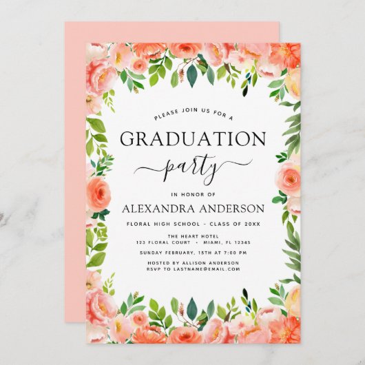 2022 Afstuderen van Koraal Peach Floral Greenery Kaart (Voorkant / Achterkant)