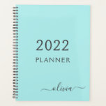 2022 Aqua Blauw Turquoise Meisjesachtig Script Mon Planner<br><div class="desc">2022 Aqua Blauw Turquoise Monogram Voeg Uw Eigen Script Naam Toe 2021 Kalender Huwelijk Event Planner. Dit is het perfecte cadeau voor 16e verjaardag,  huwelijk,  bruidsfeest,  jubileum,  babyfeestje of vrijgezellenfeest voor iemand die van glamour luxe en chic stijl houdt.</div>