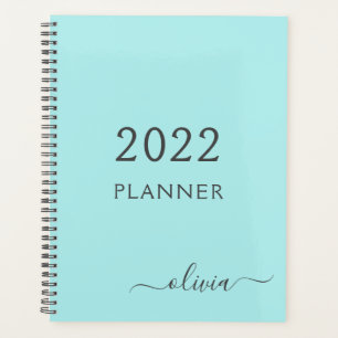 2022 Aqua Blauwe Teal Meisjesachtige Script Monogr Planner