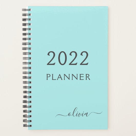 2022 Aqua Blauwe Turquoise Meisjesachtige Script M Planner (Voorkant)