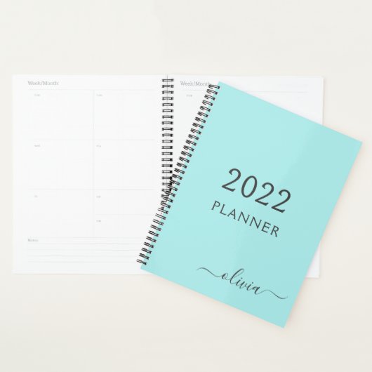 2022 Aqua Blue Teal Meisjesachtige Script Monogram Planner (Display)