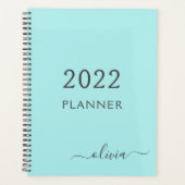 2022 Aqua Blue Teal Meisjesachtige Script Monogram Planner (Voorkant)