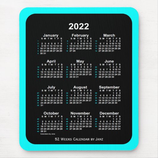 2022 Aqua Neon 52 weken agenda van Janz Muismat (Voorkant)