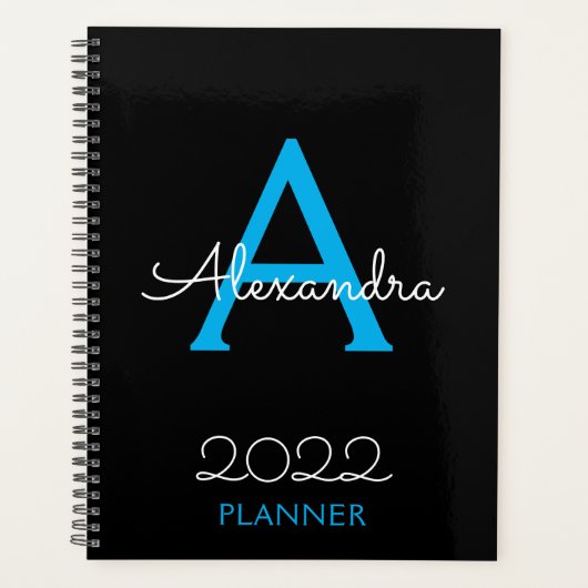 2022 Blauw Zwart Monogram Elegant Planner (Voorkant)