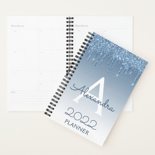 2022 Blauwe Glitter Druppels Glans Monogram Planner (Display)