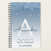 2022 Blauwe Glitter Druppels Glans Monogram Planner (Voorkant)