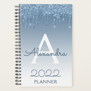 2022 Blauwe Glitter Druppels Glans Monogram Planner