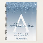 2022 Blauwe Glitter Druppels Glans Monogram Planner (Voorkant)