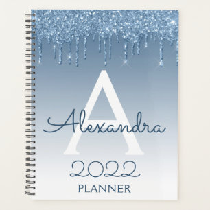 2022 Blauwe Glitter Druppels Glans Monogram Planner