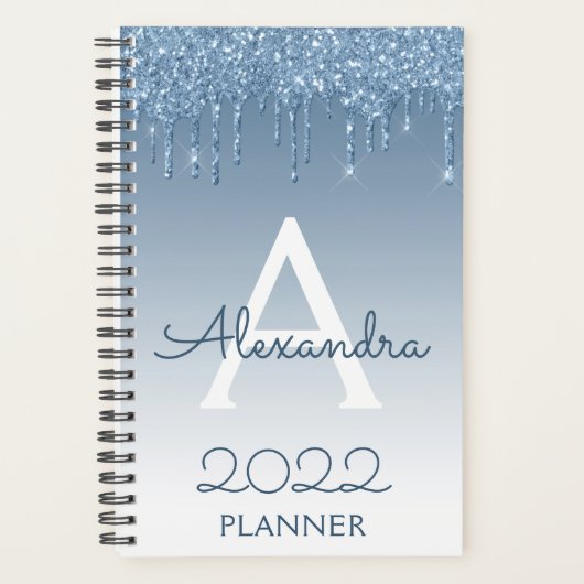 2022 Blauwe Glitterdruppels Glans Monogram Planner (Voorkant)