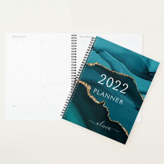2022 Blauwgroen Aqua Blue Gold Agate Geode Script Planner (Display)