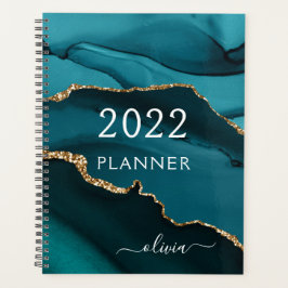2022 Blauwgroen Aqua Blue Gold Agate Geode Script Planner