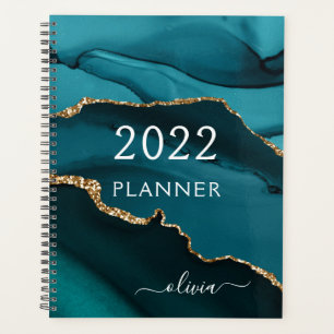 2022 Blauwgroen Aqua Blue Gold Agate Geode Script Planner