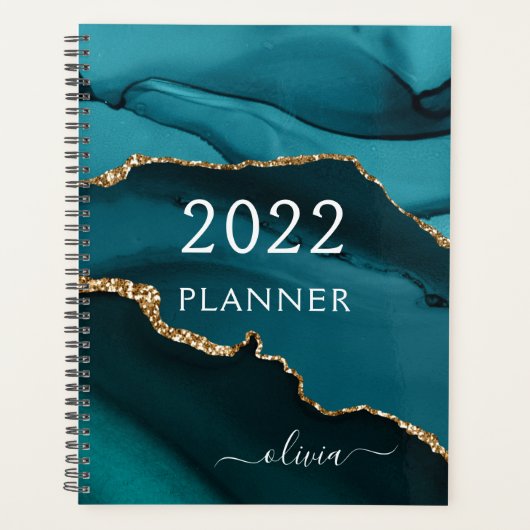 2022 Blauwgroen Aqua Blue Gold Agate Geode Script Planner (Voorkant)