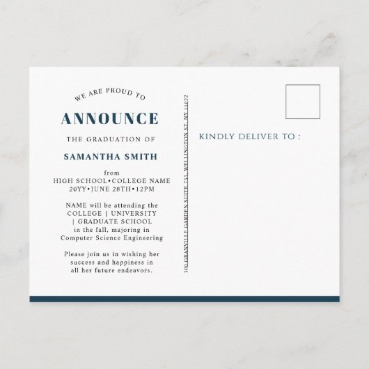 2022 Blue Floral Greenery Elegant Photo Afstudeerd Aankondigingskaart (Achterkant)