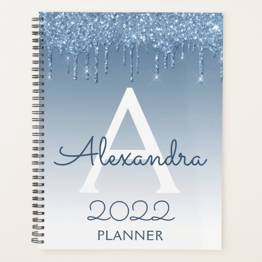 2022 Blue Glitter Drips Sparkle Monogram Planner (Voorkant)