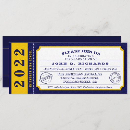 2022 Blue Gold Ticket Graduation Party (Uitnodigin Kaart (Voorkant / Achterkant)