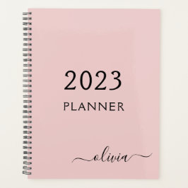 2022 Blush Pink Girly Script Monogram naam Modern Planner