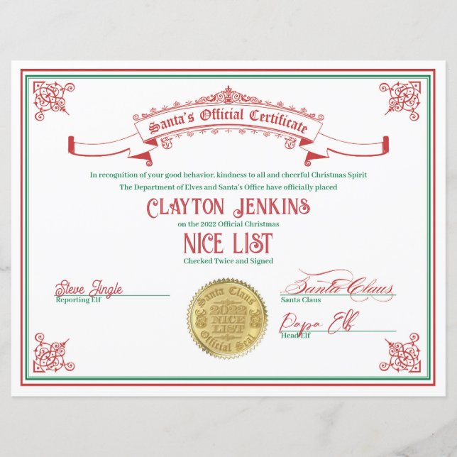 2022 Certificaat van Santa Nice-lijst (Voorkant)