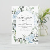 2022 Dusty Blue Afstuderen Floral Greenery Invitat Kaart (Staand voorkant)