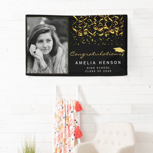 2022 Gold Black Confetti Afstuderen Foto Spandoek (Insitu)