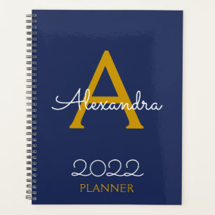 2022 Gold Navy Blue Monogram Elegant Planner