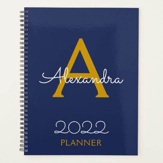 2022 Gold Navy Blue Monogram Elegant Planner (Voorkant)