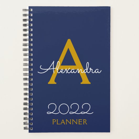 2022 Gold Navy Blue Monogram Elegant Planner (Voorkant)
