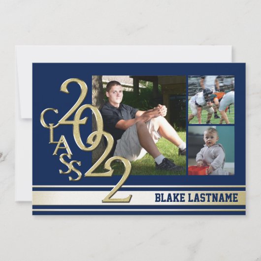 2022 Gold Varsity Stripe Afstuderen Tri Photo Blue Kaart (Voorkant)