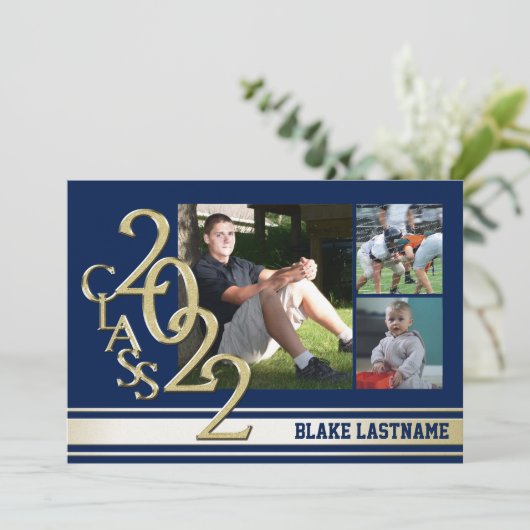 2022 Gold Varsity Stripe Afstuderen Tri Photo Blue Kaart (Staand voorkant)