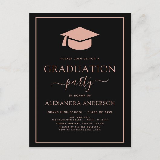 2022 Graduation Party Blush Pink Black Elegant Inv Briefkaart (Voorkant)